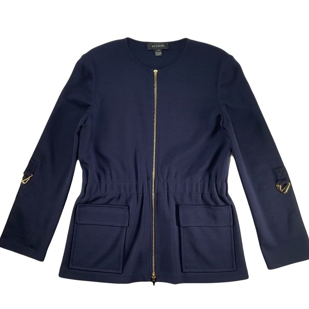 St. John Gold Hardware Knit Zip Cardigan Sweater Jacket Roll Tab Navy Wool S